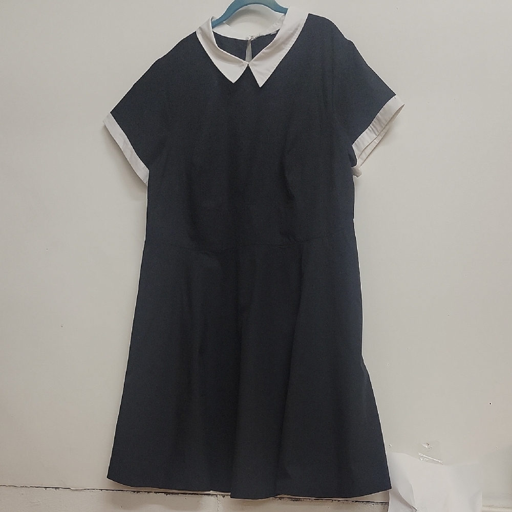 EShakti Wednesday Cotton Black Dress with White Collar 3X 24W Euc